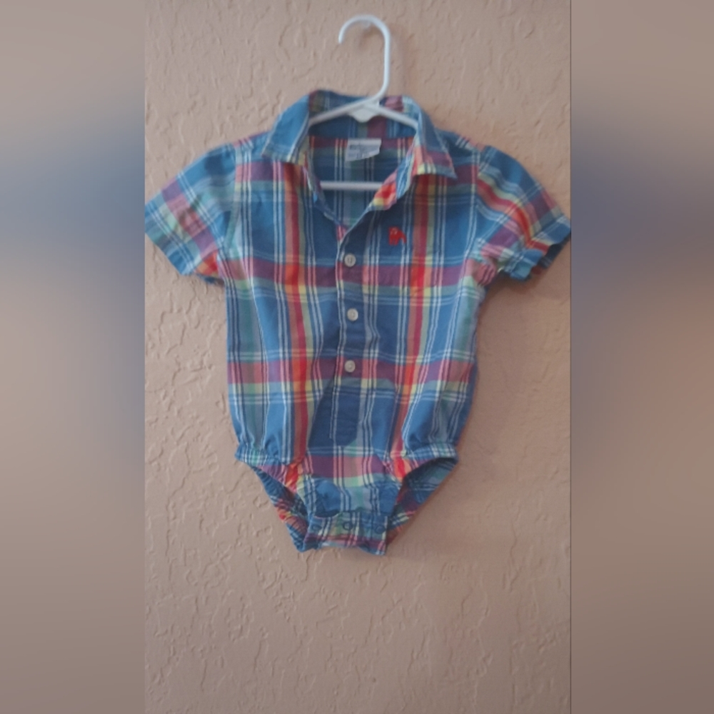 Baby Bum Button down collar plaid blue, red and yellow  short sleeved bodysuit